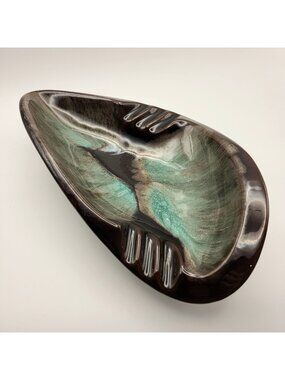 Vintage Blue Mountain Pottery Unique Abstract Glazed Ashtray Green & Brown 1960s